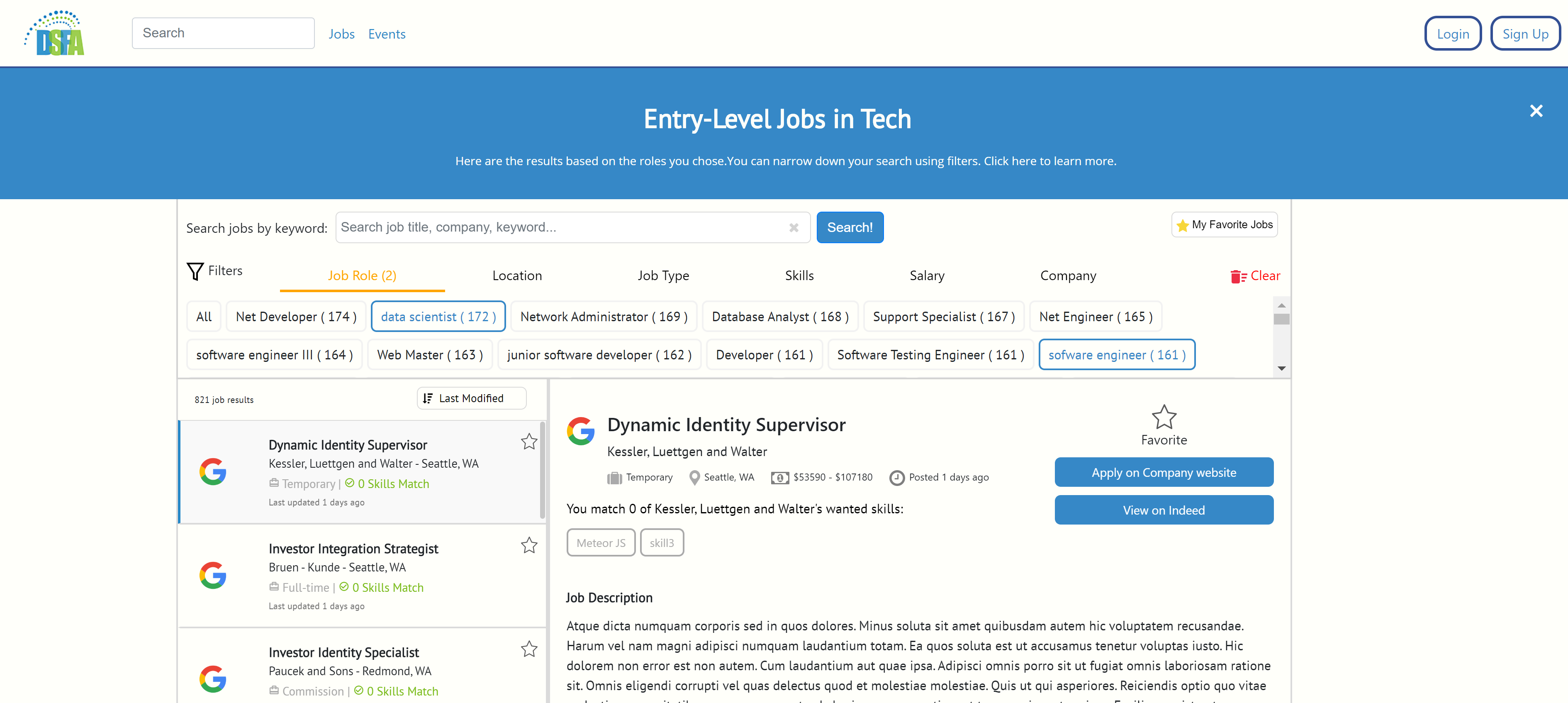 screenshot of job portal